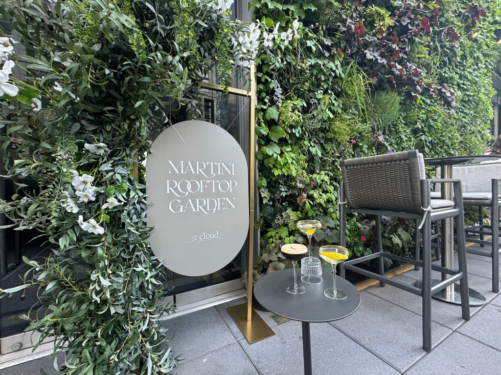 Table and chairs on the martini roof garden of the historic Knickerbocker Hotel during the party 