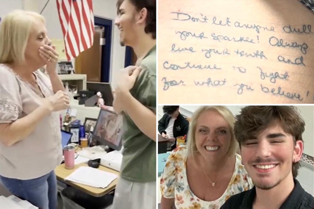 Exciting moment student shows 'school mum' teacher tattoo he got in her honour: 'Shut up!'