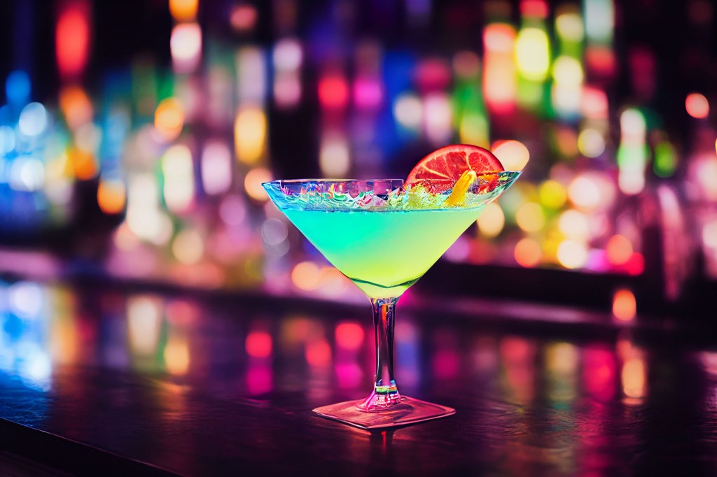 Colorful cocktails lined up on a bar counter