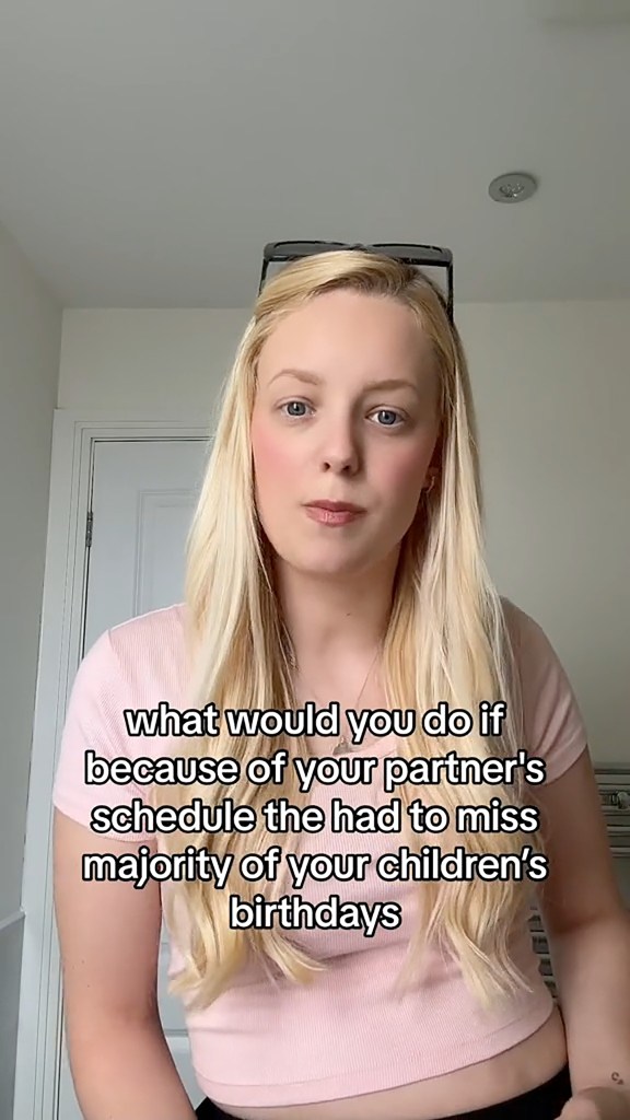 A woman with a text overlay reading "what would you do if you had to miss most of your children's birthdays because of your partner's schedule."